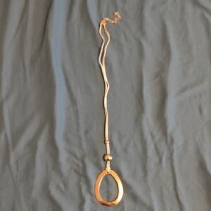 LONG SILVER-TONE OVAL PENDANT NECKLACE 90s style W Light Blue Chord